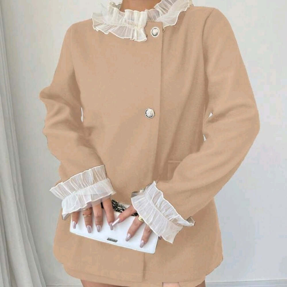 Women's Solid Color Contrast Patchwork Front Button Long Sleeve Casual Jacket - Picture 3 of 6